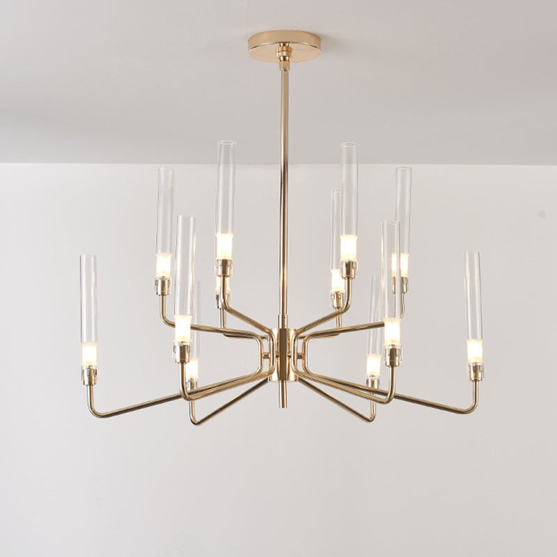 Gold Metall Pendelleuchte Licht aus der Mitte des Jahrhunderts zylindrisch klarer Glasschatten Kronleuchter für Wohnzimmer