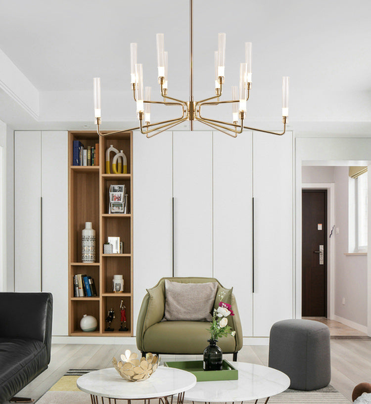 Gold Metal Pendant Light Mid-Century Cylindrical Clear Glass Shade Chandelier Lighting for Living Room