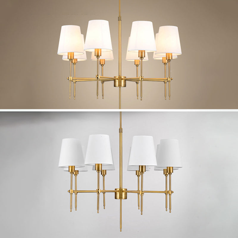 Gold Metal Radial Pendant Light Mid-Century Modern White Burlap Shade Bedroom Chandelier Lighting