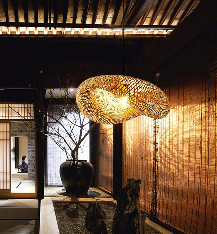 Japanese Style Bamboo Chandelier 1 Light Hanging Pendant Lights Hat Shape Handmade Cardboard Shade Kitchen Lamp