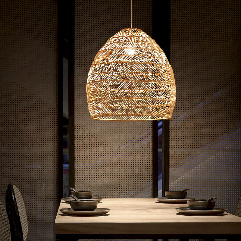 Chinese Pastoral Pendant Light Rattan 1 Head Hanging Light for Bedroom