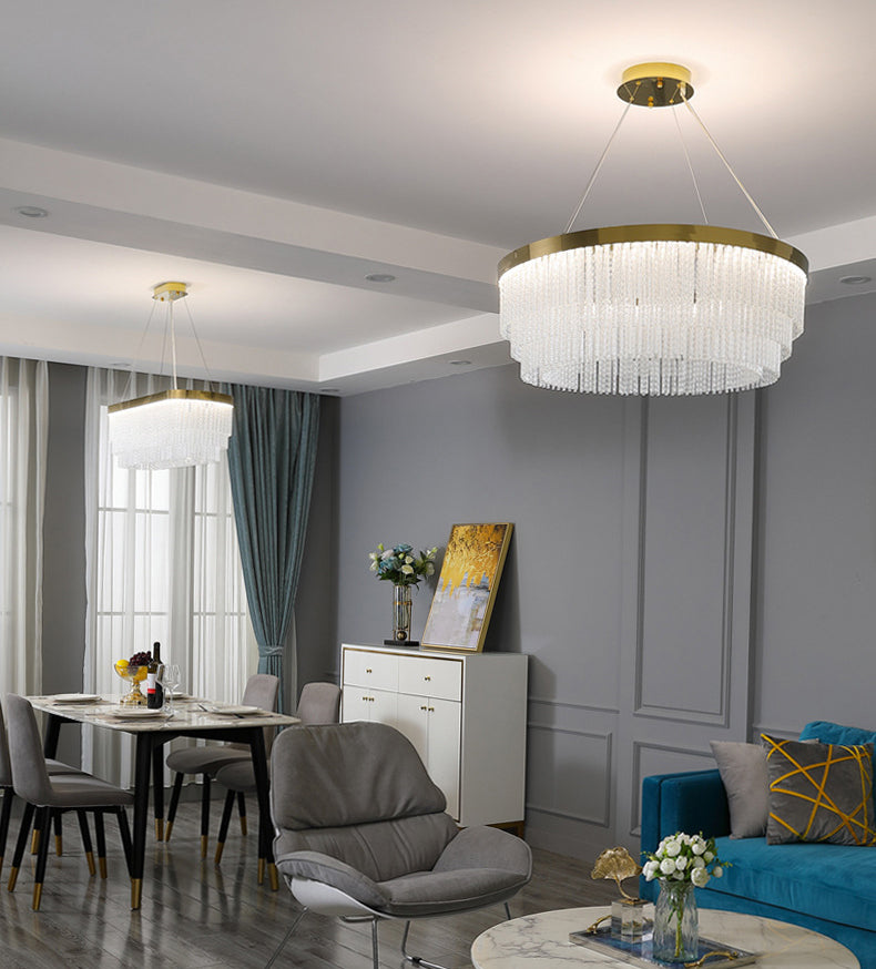 Prismatic Crystal Glass Tiered Chandelier Minimalist Gold LED Pendant Lighting Fixture