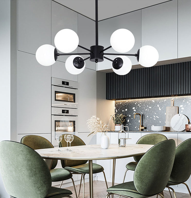 Minimalismo negro Candelera de vidrio Molecular Styling White Globe Shade Lámpara colgante para comedor