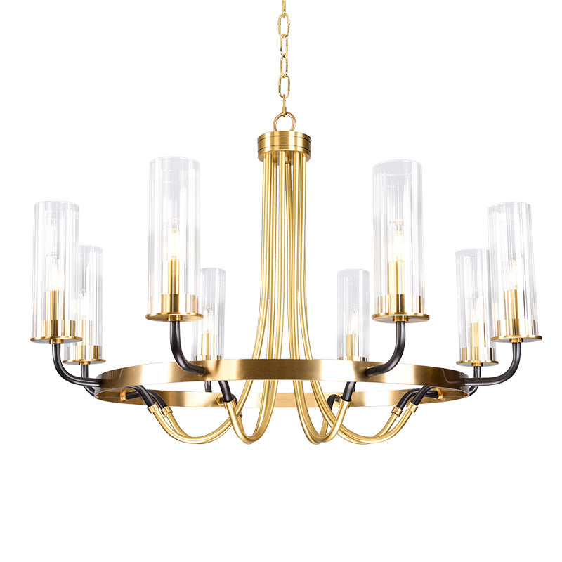 Post-Modern Metal Hanging Chandelier Light Cylinder Clear Glass Shade  Ceiling Chandelier in Gold for Living Room