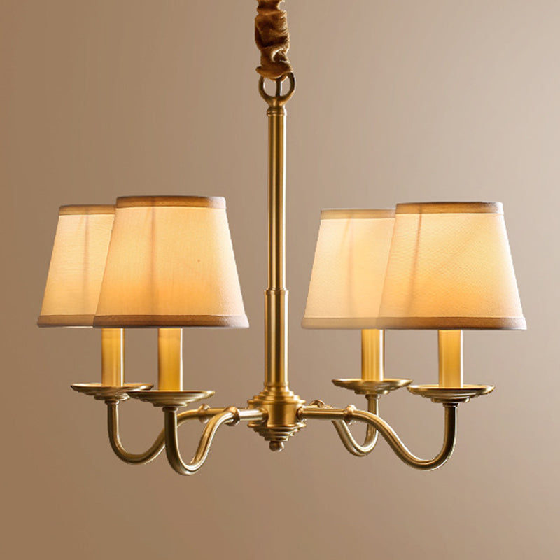 Luz colgante de brazo colgante de metal de estilo de mediados de siglo cono de tela blanca de la araña del dormitorio de tela blanca en oro