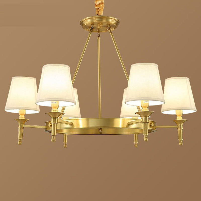 Post-Modern Wagon Wheel Hanging Chandelier Light White Linen Shade Ceiling Chandelier in Gold for Dining Table