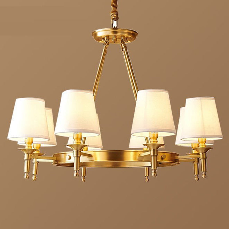 Post-Modern Wagon Wheel Hanging Chandelier Light White Linen Shade Ceiling Chandelier in Gold for Dining Table