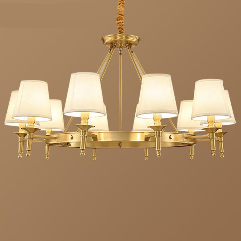 Post-Modern Wagon Wheel Hanging Chandelier Light White Linen Shade Ceiling Chandelier in Gold for Dining Table