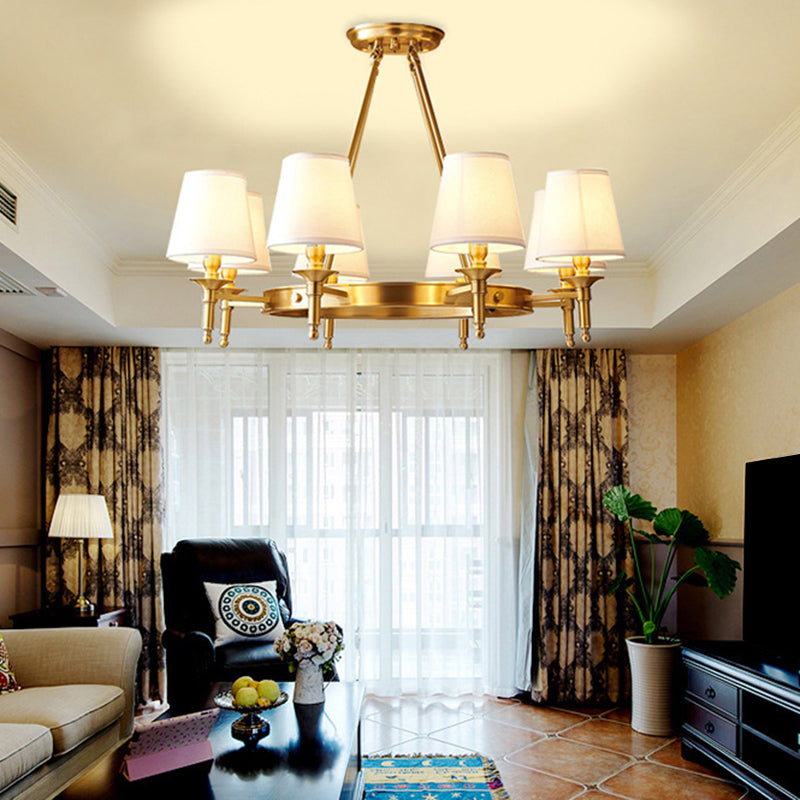 Post-Modern Wagon Wheel Hanging Chandelier Light White Linen Shade Ceiling Chandelier in Gold for Dining Table