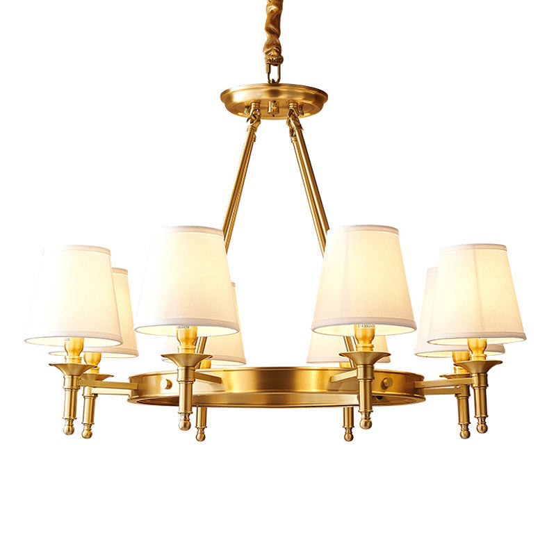 Post-Modern Wagon Wheel Hanging Chandelier Light White Linen Shade Ceiling Chandelier in Gold for Dining Table