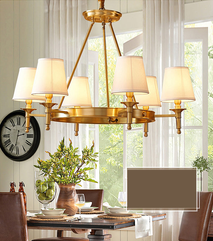 Post-Modern Wagon Wheel Hanging Chandelier Light White Linen Shade Ceiling Chandelier in Gold for Dining Table