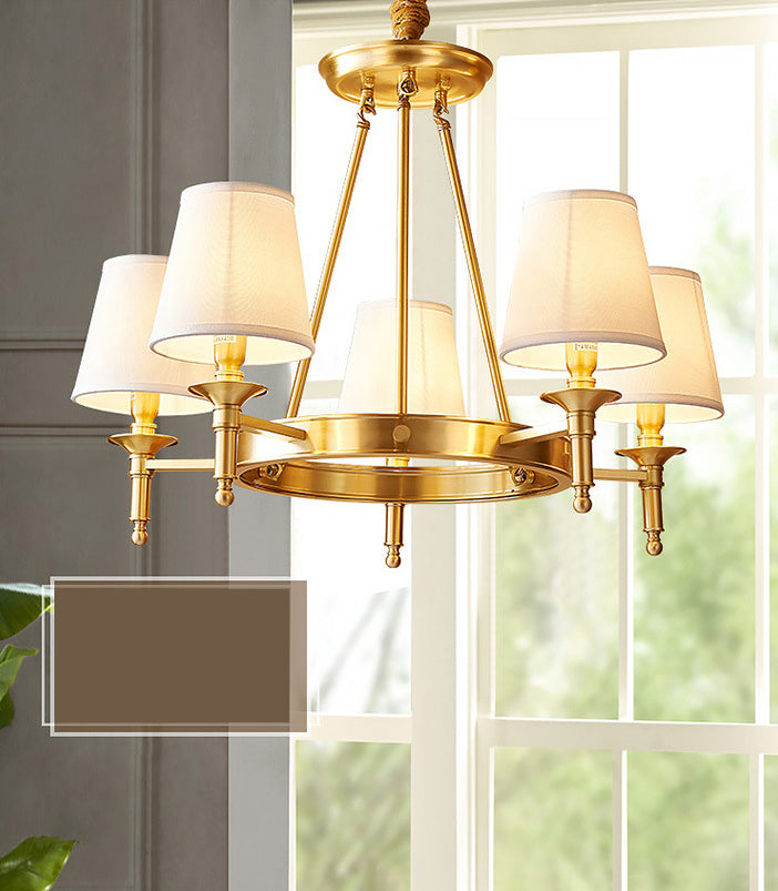 Post-Modern Wagon Wheel Hanging Chandelier Light White Linen Shade Ceiling Chandelier in Gold for Dining Table