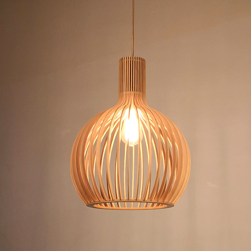 Spherical Caged Pendant Lamp Minimalist Wooden 1-Light Restaurant Hanging Light