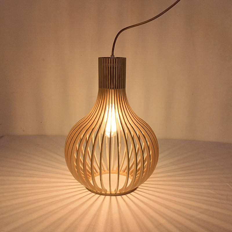 Spherical Caged Pendant Lamp Minimalist Wooden 1-Light Restaurant Hanging Light
