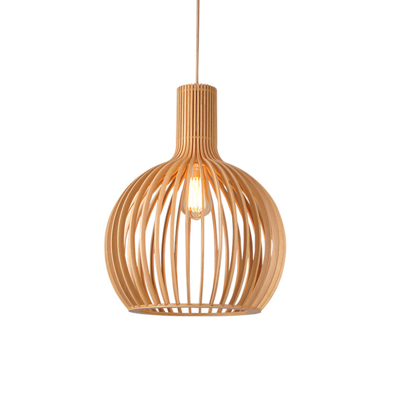 Spherical Caged Pendant Lamp Minimalist Wooden 1-Light Restaurant Hanging Light