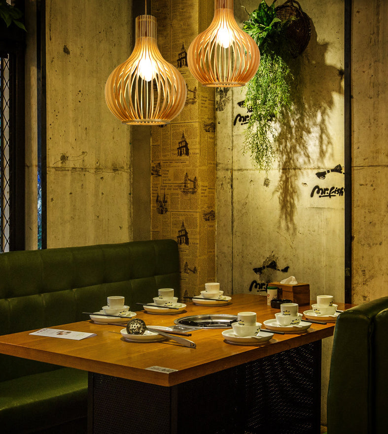 Spherical Caged Pendant Lamp Minimalist Wooden 1-Light Restaurant Hanging Light