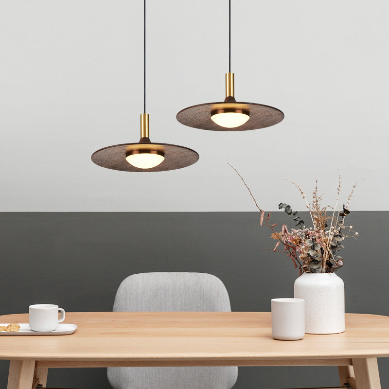 Wide Flared Walnut Wood Suspension Lamp Minimalist Dark Brown LED Pendant Lighting Fixture