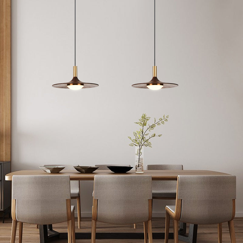 Wide Flared Walnut Wood Suspension Lamp Minimalist Dark Brown LED Pendant Lighting Fixture