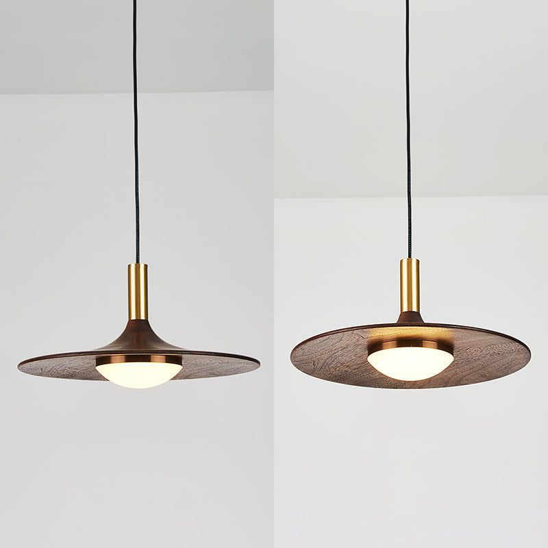 Wide Flared Walnut Wood Suspension Lamp Minimalist Dark Brown LED Pendant Lighting Fixture