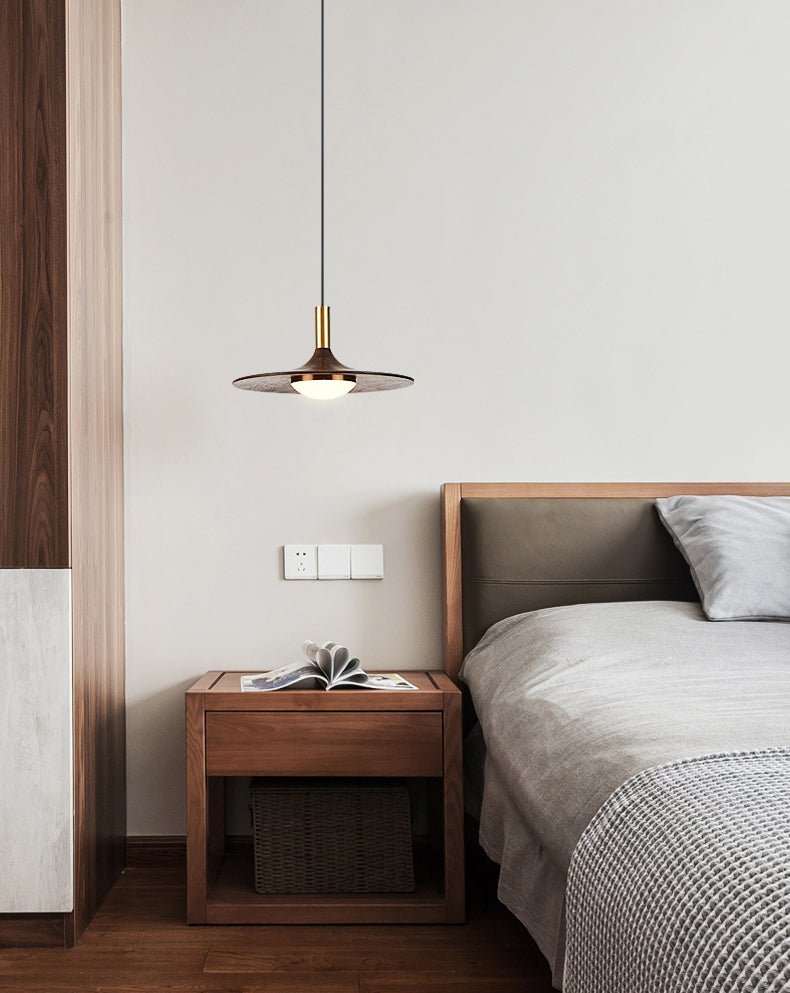 Wide Flared Walnut Wood Suspension Lamp Minimalist Dark Brown LED Pendant Lighting Fixture