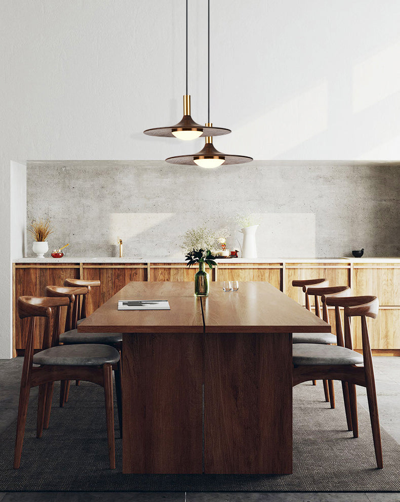 Wide Flared Walnut Wood Suspension Lamp Minimalist Dark Brown LED Pendant Lighting Fixture