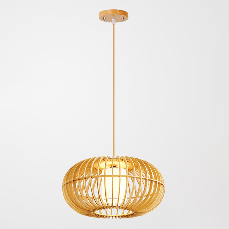 Houten kooi hanglamp modern 1 lamp plafond ophangende lantaarn met stofschaduw binnenin