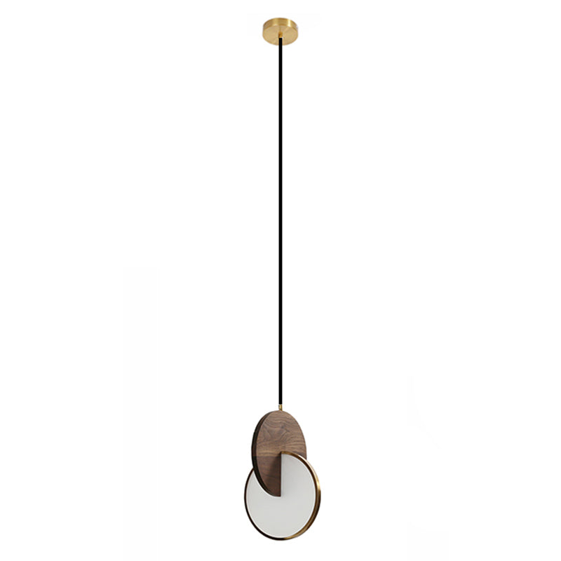 Dark Brown and Brass Disk Pendant Minimalist LED Wooden Suspension Light for Bedroom