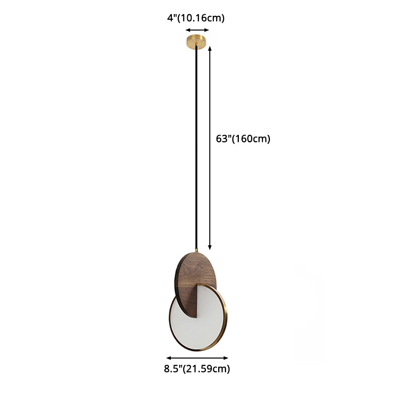 Dark Brown and Brass Disk Pendant Minimalist LED Wooden Suspension Light for Bedroom