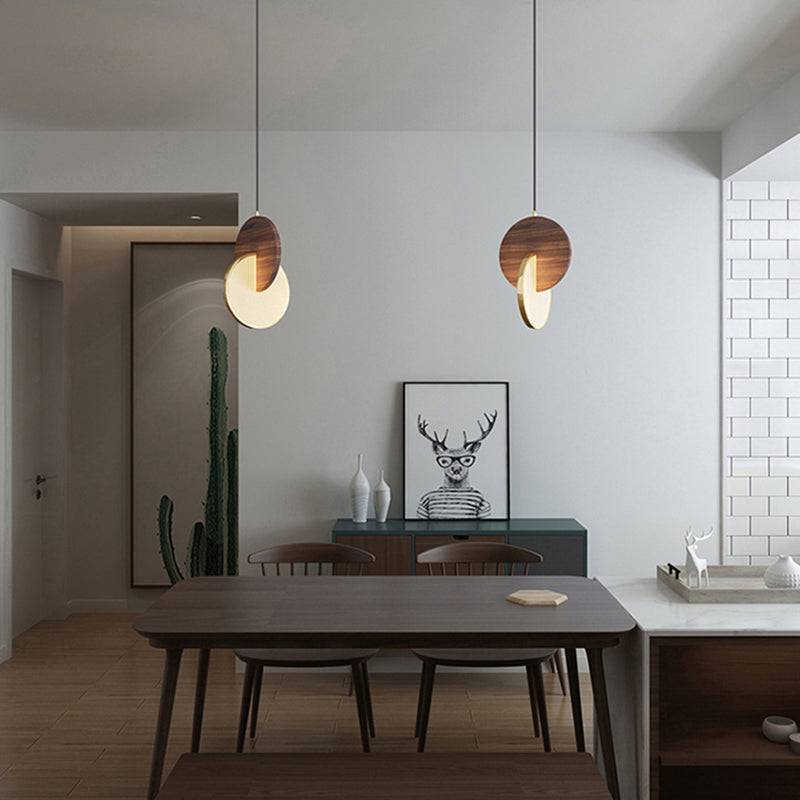 Dark Brown and Brass Disk Pendant Minimalist LED Wooden Suspension Light for Bedroom