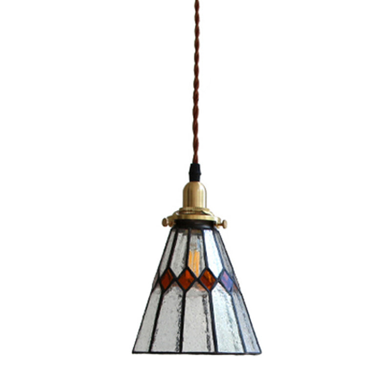 Vintage Conical Pendant Lamp 1-Light Tiffany Glass Hanging Light Fixture in Brass