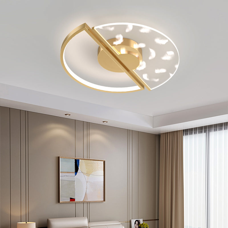 Circular Acrylic LED Ceiling Light in Modern Unique Style Feather Indoor Ceiling Fixture in Gold