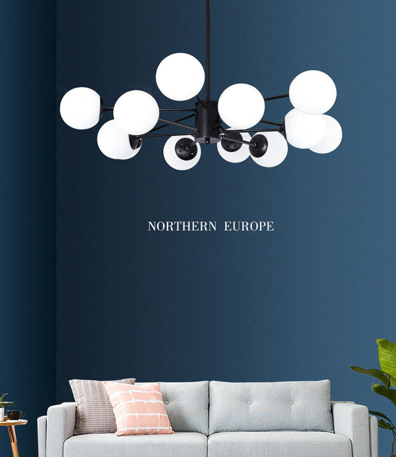 Minimalismo negro Candelera de vidrio Molecular Styling White Globe Shade Lámpara colgante para comedor