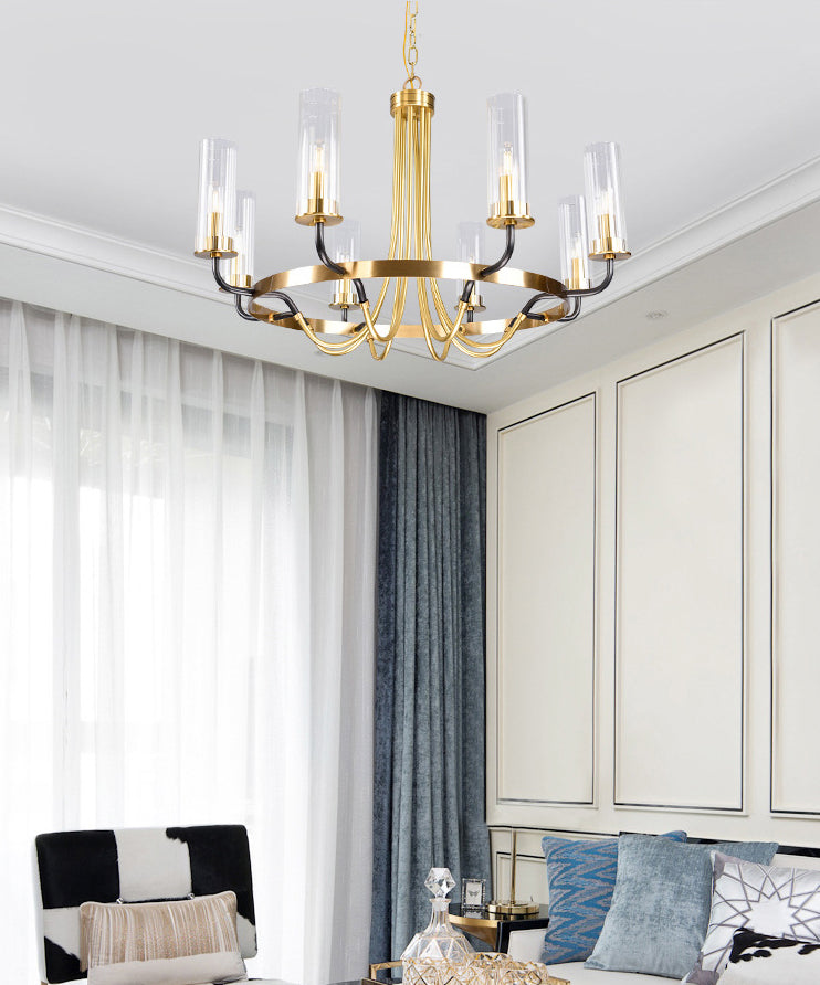 Postmoderne Metallhänge Kronleuchter Licht Zylinder klarer Glasschatten Deckenkronleuchter in Gold für Wohnzimmer