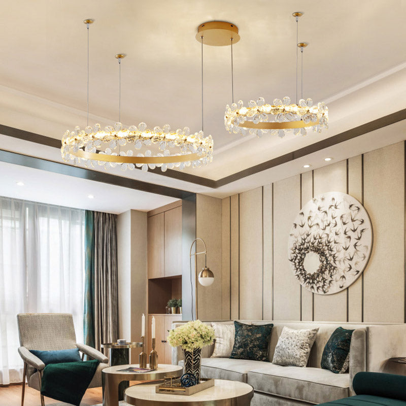 Iluminación de la lámpara de círculo Ligera colgante de techo led de cristal modernista en oro para sala de estar