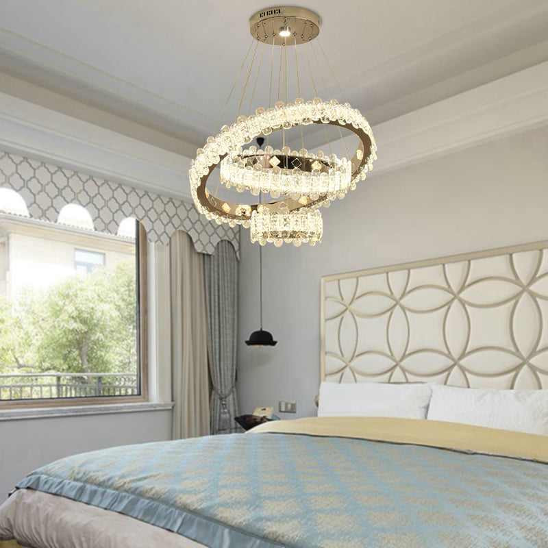 Nickel kreisförmiger Kronleuchter Moderne LED -Kristallhängern Lichtleuchte