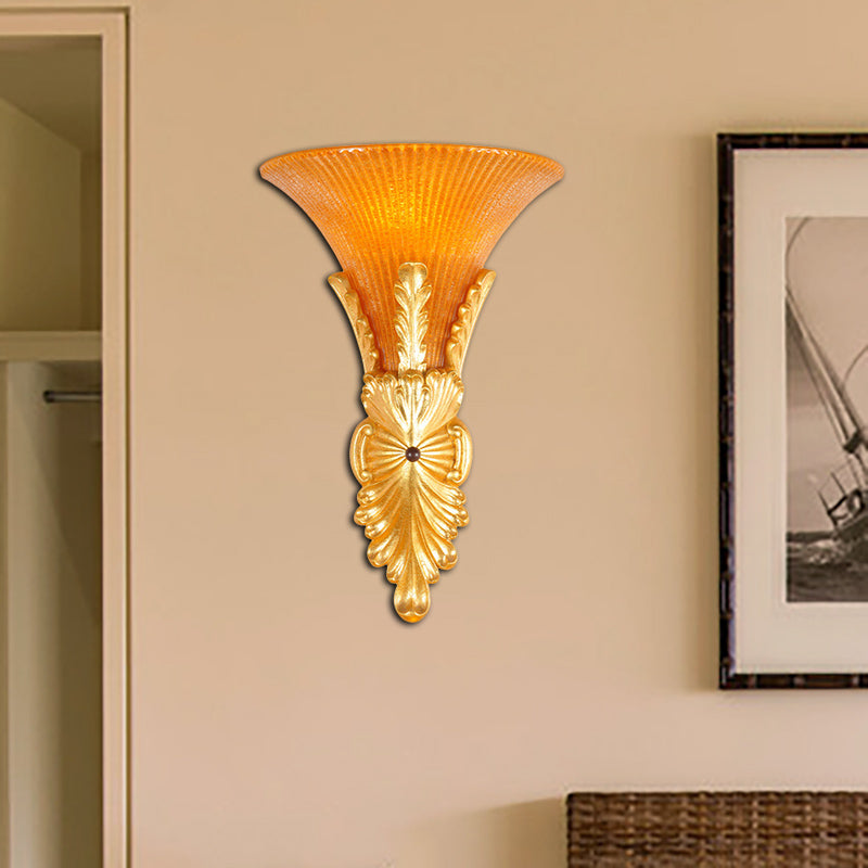 Yellow Glass Bell Wall Mount Lamp Traditional Style 1 Light Corridor Sconce Lighting in Bronze/Gold