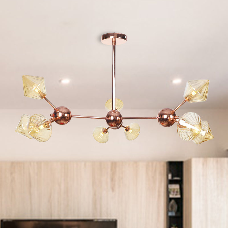 Diamond Living Room Chandelier Lamp Amber/Clear Glass 3/9/12 Lights Farmhouse Style Hanging Fixture, 13"/27.5"/34" Wide