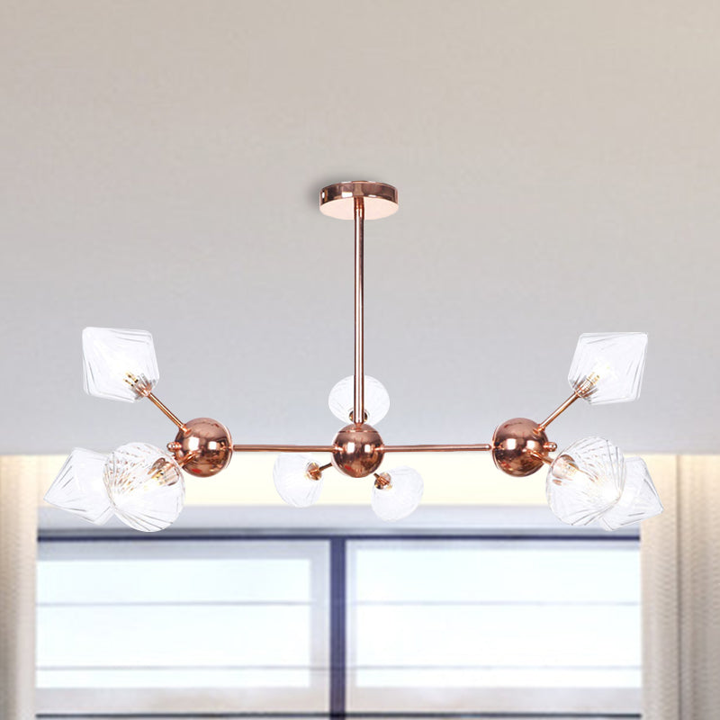 Diamond Living Room Chandelier Lamp Amber/Clear Glass 3/9/12 Lights Farmhouse Style Hanging Fixture, 13"/27.5"/34" Wide
