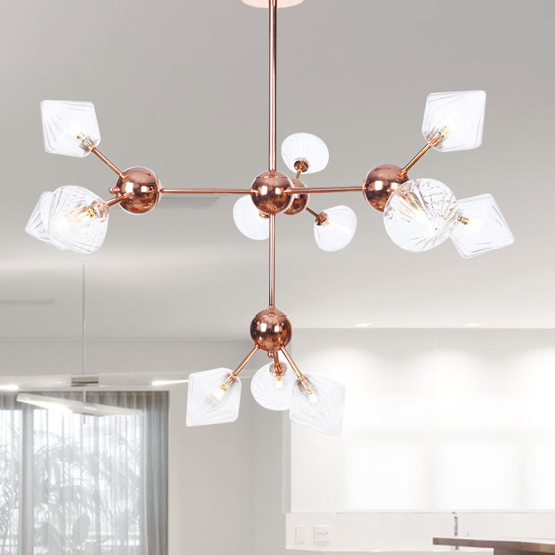 Diamond Living Room Chandelier Lamp Amber/Clear Glass 3/9/12 Lights Farmhouse Style Hanging Fixture, 13"/27.5"/34" Wide