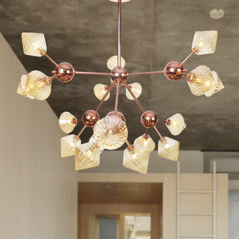 Diamond Living Room Chandelier Lamp Amber/Clear Glass 3/9/12 Lights Farmhouse Style Hanging Fixture, 13"/27.5"/34" Wide