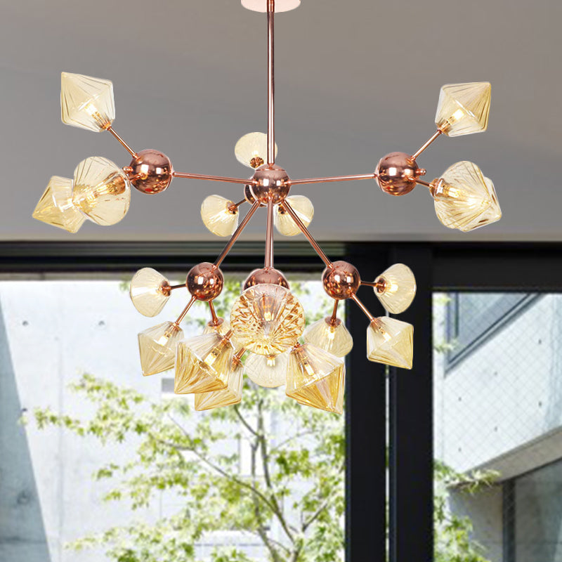 Diamond Living Room Chandelier Lamp Amber/Clear Glass 3/9/12 Lights Farmhouse Style Hanging Fixture, 13"/27.5"/34" Wide