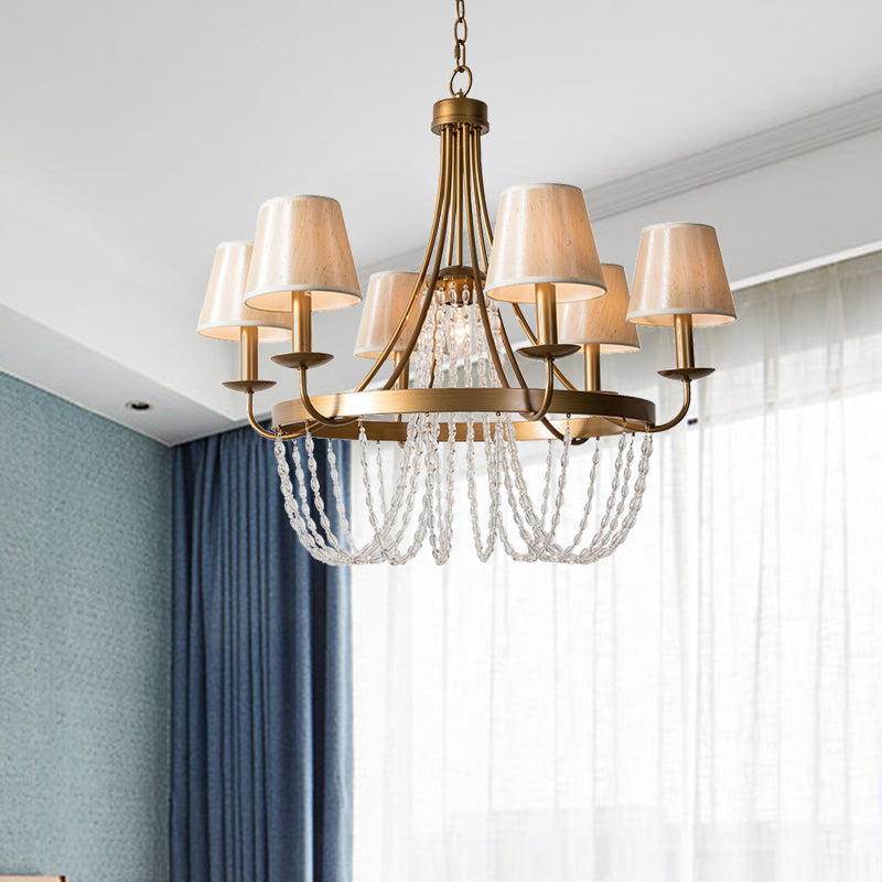 Brass Armed Hanging Chandelier Traditional 6 Heads Metal Pendant Light Fixture with Cone Fabric Shade