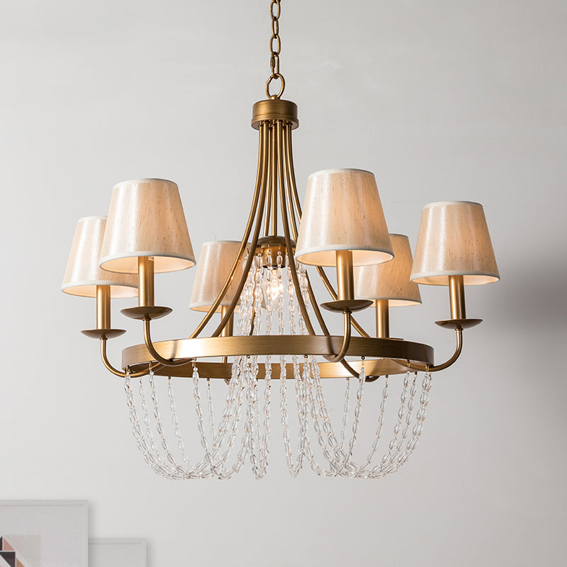 Brass Armed Hanging Chandelier Traditional 6 Heads Metal Pendant Light Fixture with Cone Fabric Shade