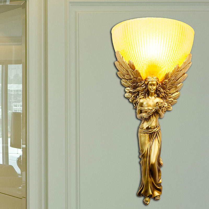 Gold/Silver/White Angel Sconce Lighting Country Style Resin 1 Bulb Foyer Wall Mount Light with Yellow Glass Bowl Shade