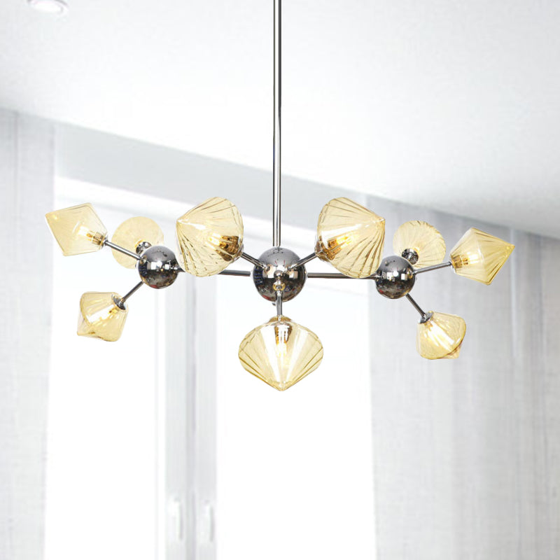 Amber/Clear Glass Diamond Pendant Light Industrial Stylish 3/9/12 Bulbs Chandelier Light Fixture, 13"/27.5"/34" Width