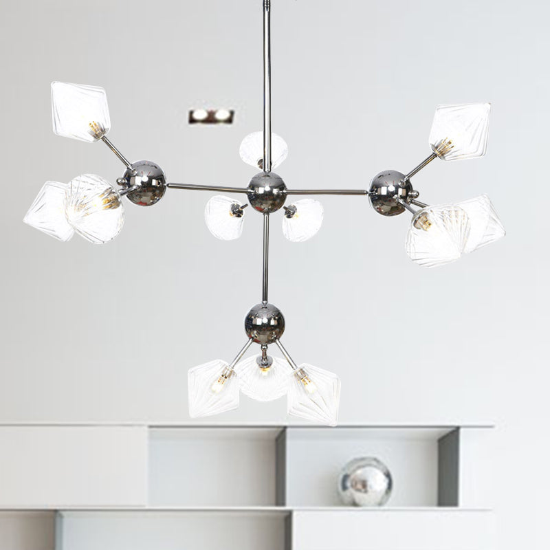 Amber/Clear Glass Diamond Pendant Light Industrial Stylish 3/9/12 Bulbs Chandelier Light Fixture, 13"/27.5"/34" Width