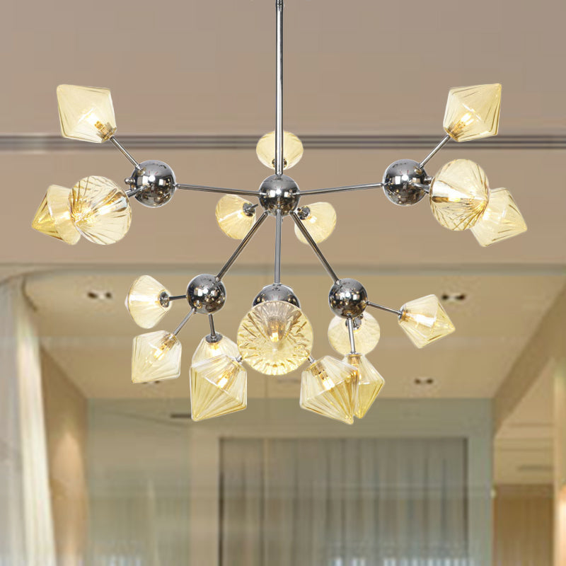Amber/Clear Glass Diamond Pendant Light Industrial Stylish 3/9/12 Bulbs Chandelier Light Fixture, 13"/27.5"/34" Width
