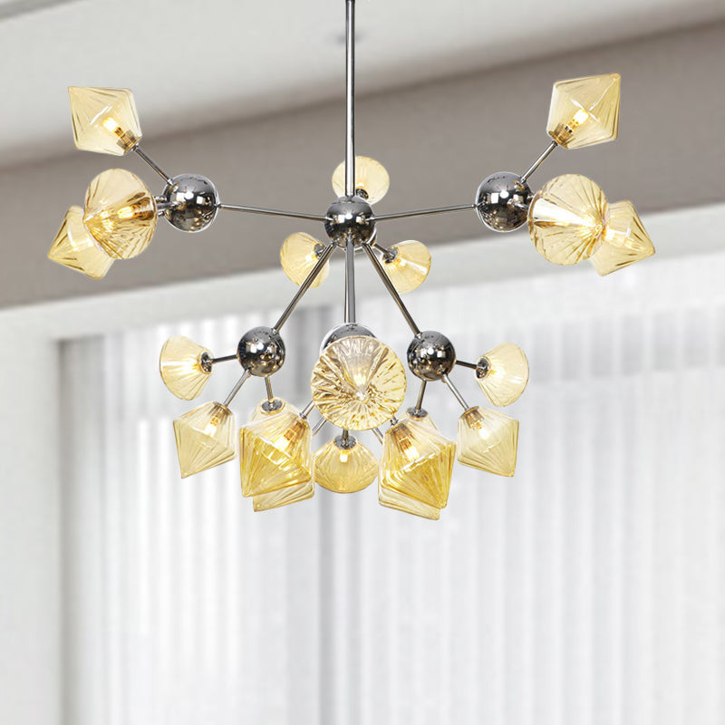 Amber/Clear Glass Diamond Pendant Light Industrial Stylish 3/9/12 Bulbs Chandelier Light Fixture, 13"/27.5"/34" Width