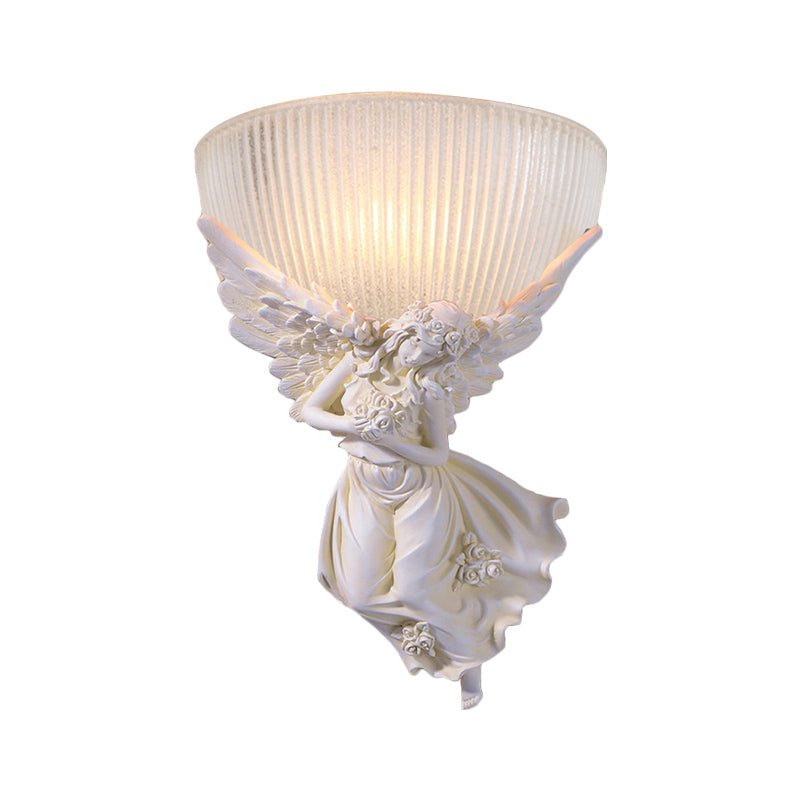 10"/12" W 1 Bulb Wall Sconce Lodge Style Bowl Frosted Glass Wall Mount Light with Gold/White Angel Design, Left/Right