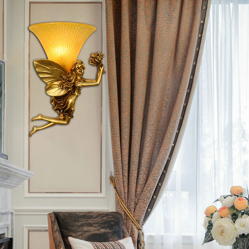 Retro Style Fairy Wall Lighting Fixture 1 Head Resin Blue/Gold Sconce Lamp with Amber Glass Bell Shade